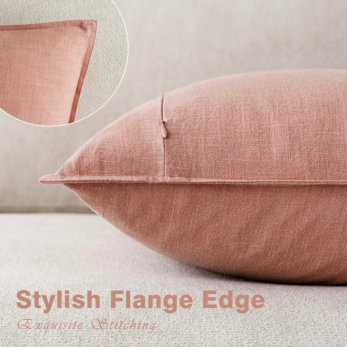 Pack of 2 Decorative Linen Solid Throw Pillow Covers Soft Accent Euro Cushion Case Boho Farmhouse Pillowcase for Chair Couch Sofa Bedroom Living Room Home Decor 22 x 22 Inch Coral Pink (2 Count)