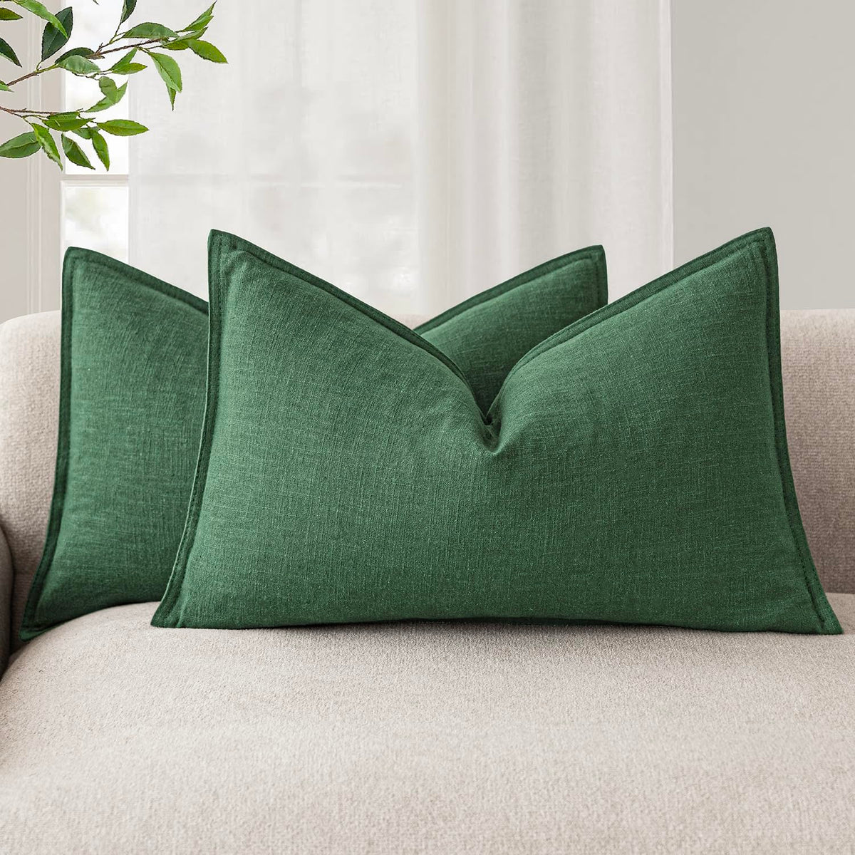 Pack of 2 Decorative Linen Solid Throw Pillow Covers Soft Accent Lumbar Cushion Case Boho Farmhouse Pillowcase for Chair Couch Sofa Bedroom Living Room Home Decor 12 x 20 Inch Pine Green