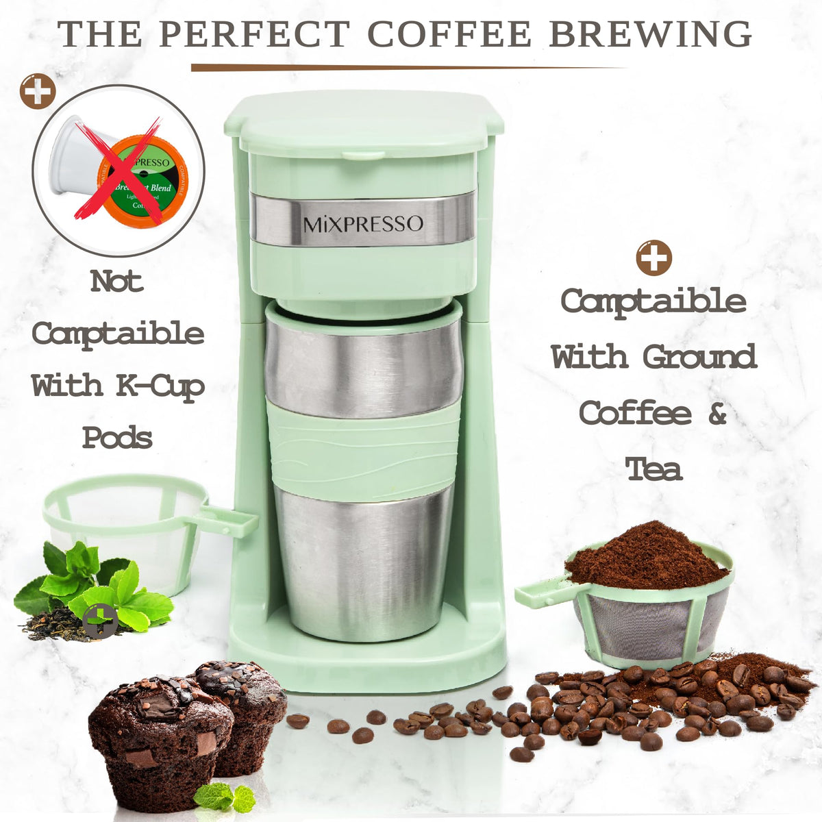 Single Serve & Single Cup Coffee Maker with 14oz Travel Mug Green