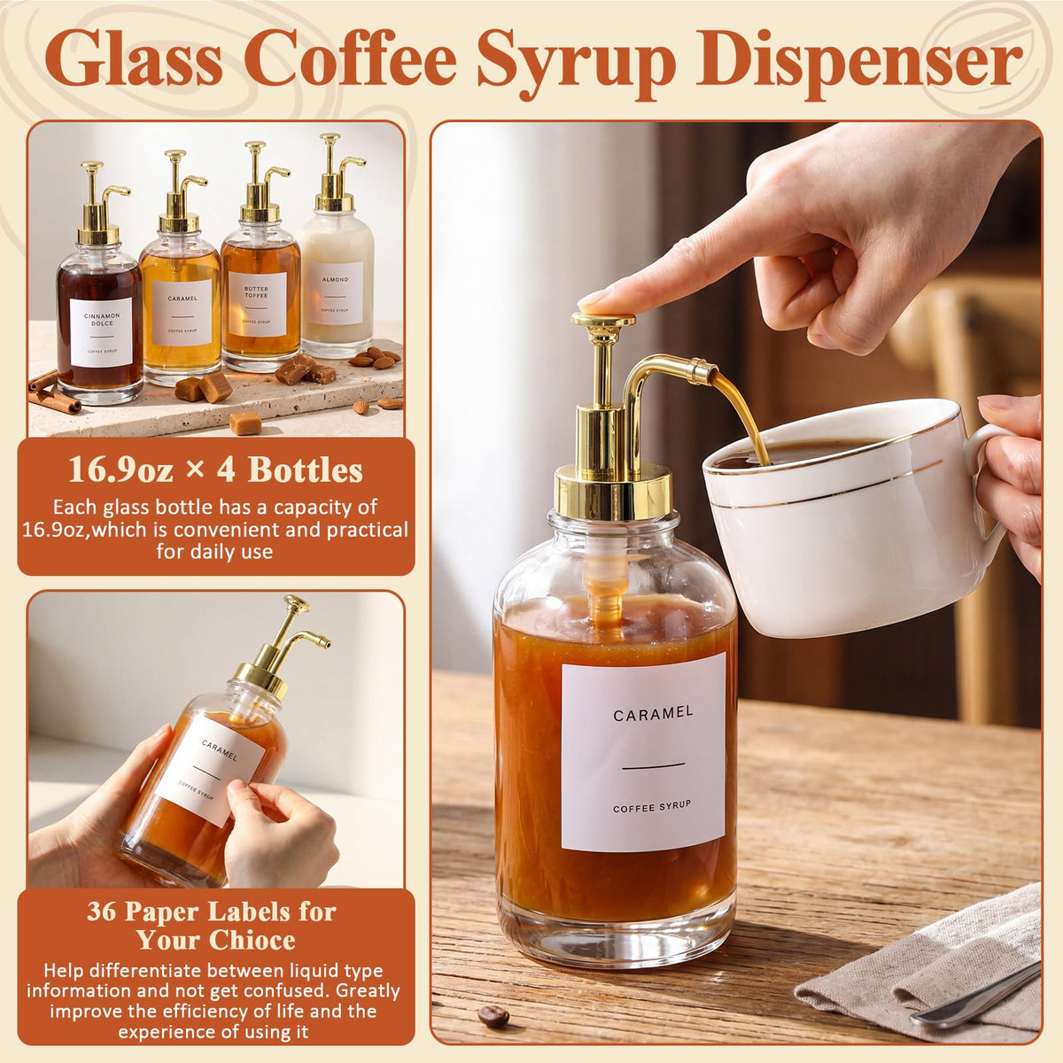 7-in-1 Coffee Station Organizer Set, 4pcs 500ml Coffee Syrup Dispenser, 2 Sealed Storage Cans with Spoons, 2-tier Wooden Storage Shelf with Funnel Label Accessories for Kitchen, Home, Office (9 Count)