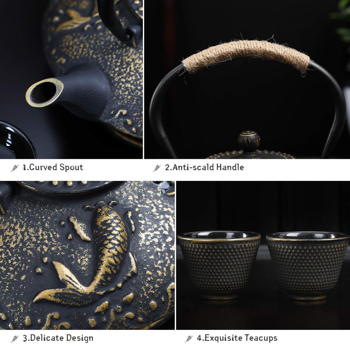 Koi Fish Cast Iron Teapot Set Stove Top 26 oz Tea Kettle with 4 Cups