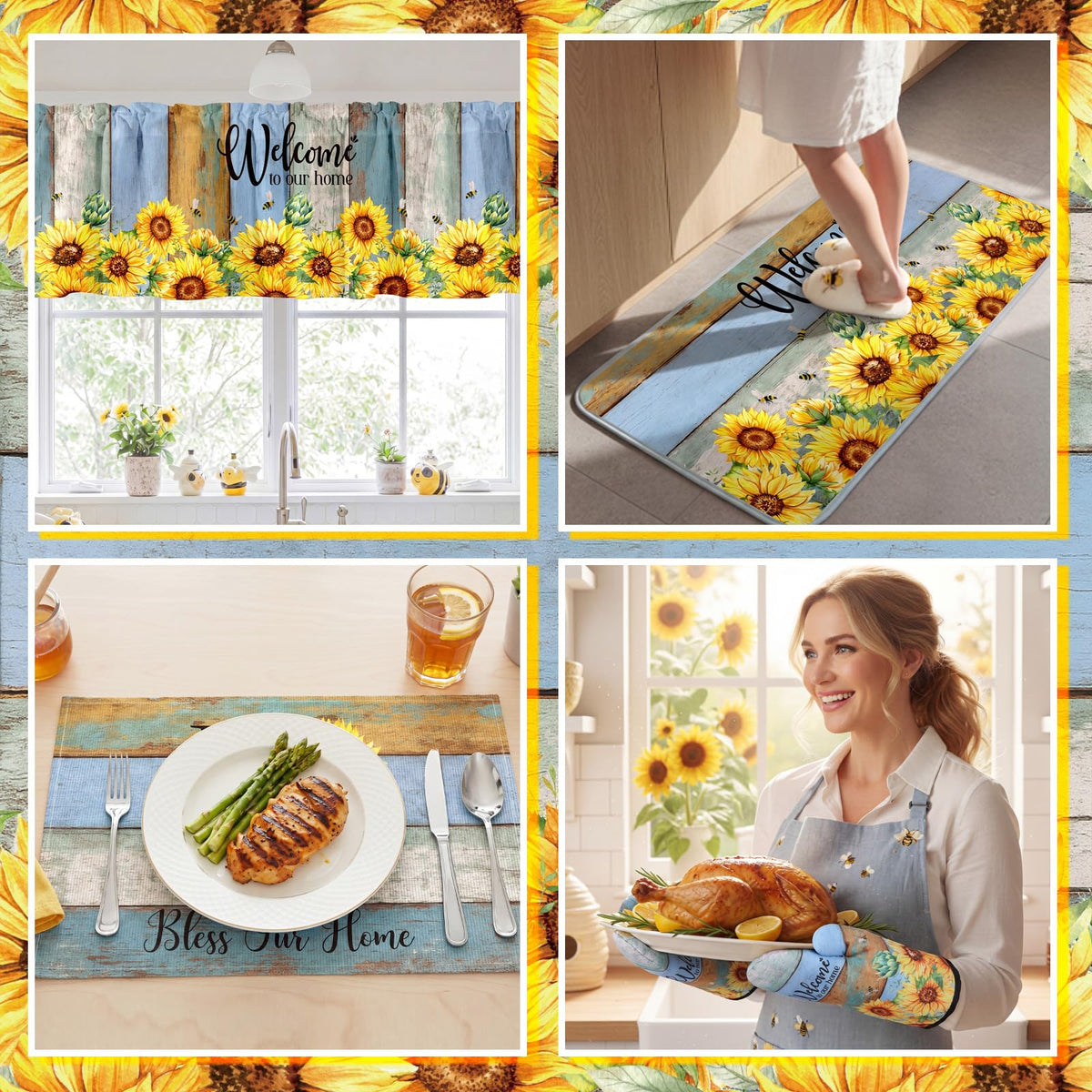 16 Pcs Sunflower Kitchen Decor Set Kitchen Towels Non Slip Rugs and Mats Oven Mitts Gloves Pot Holders Placemats Curtains for Decor Gift (16 Count)