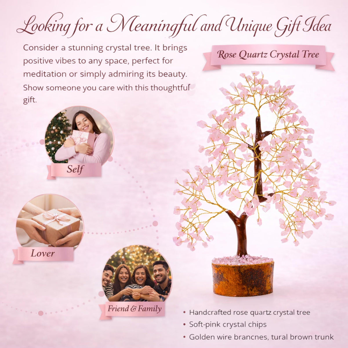 Crystal Tree of Life Rose Quartz Healing Crystal Trees for Home & Office Decor