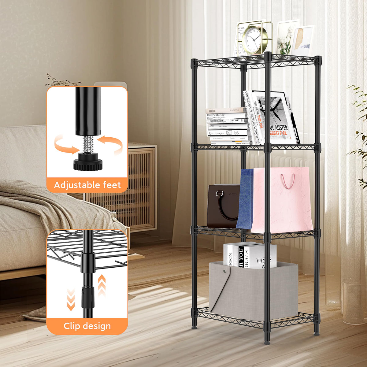 4 Tiers Shelf Metal Storage Shelves Wire Rack Closet Organizers for Garage Kitchen Bathroom Laundry Black 11.8" D x 17.7" W x 41.9" H