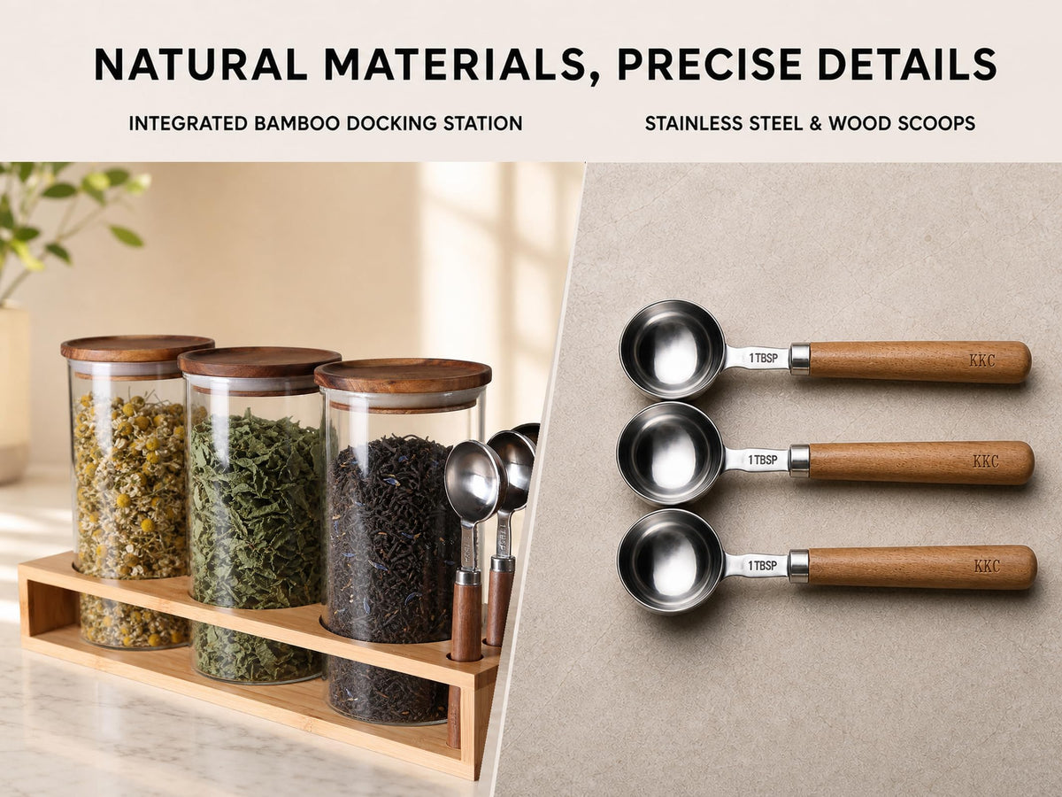 KKC HOME ACCNETS Glass Canister Set with Bamboo Rack & Scoops (5 Count)