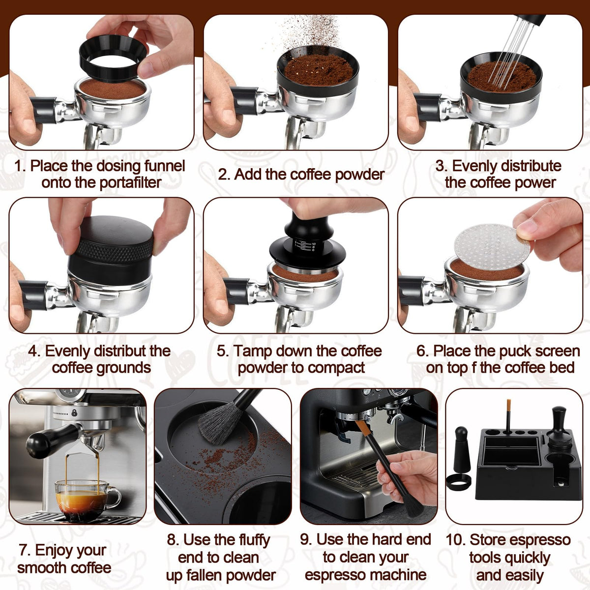 53mm Black 7 Pcs Espresso Accessories Kit with Tamping Station (7 Count)