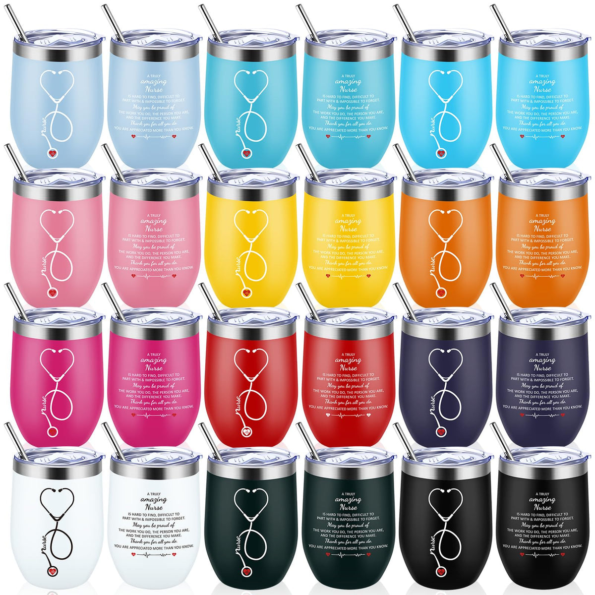 Nurse Week Gifts for Women Nursing Appreciation 12 oz Stainless Steel Wine Tumbler with Lid Insulated Coffee Mug Thank You Gift for CNA RN Students Graduation School (24 Count)