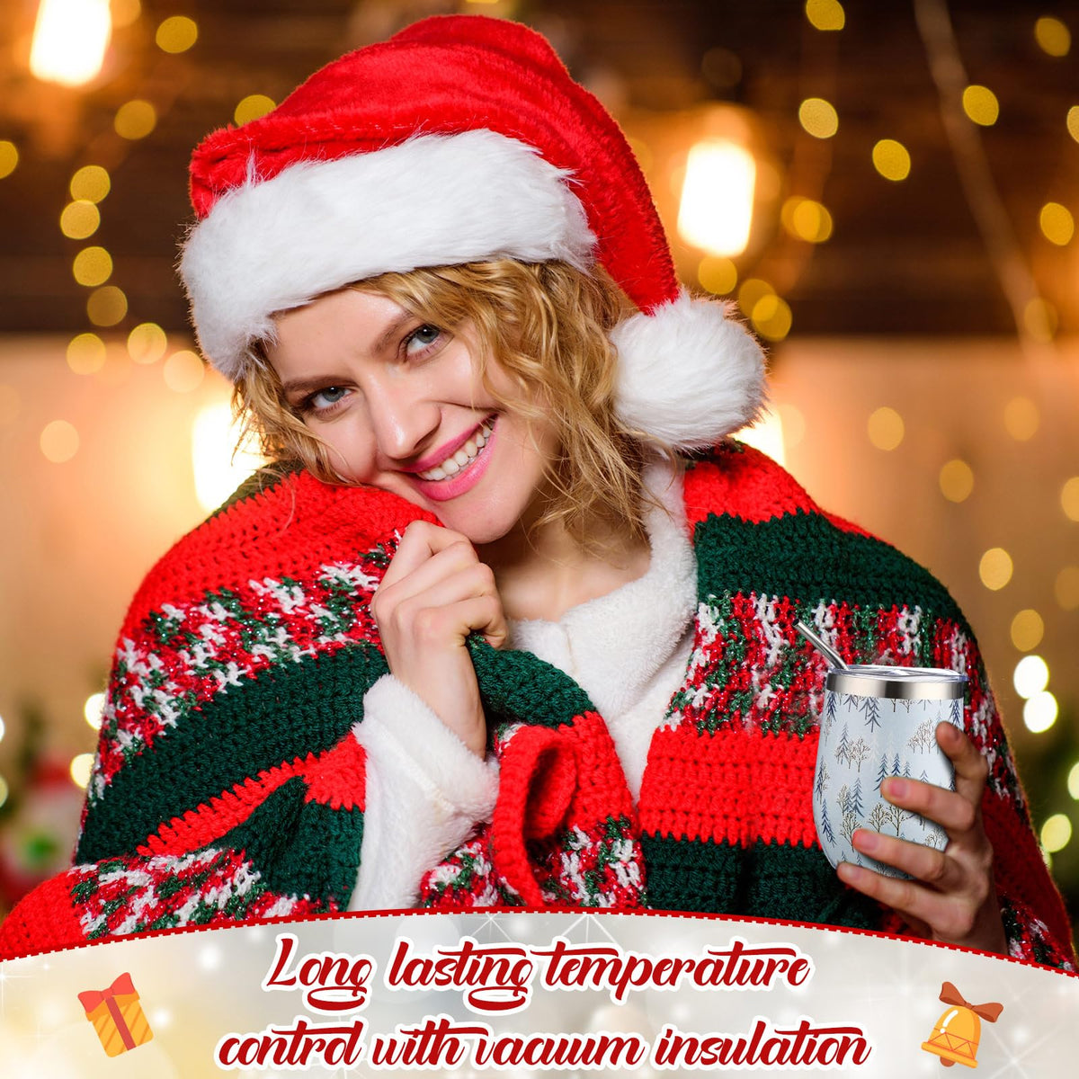 12 Sets Christmas Wine Tumbler 12oz Stainless Steel Vacuum Insulated Winter Coffee Mug Stemless Xmas Wine Glasses Holiday Gift for Teacher Coworker Friend Travel Party (12 Count)