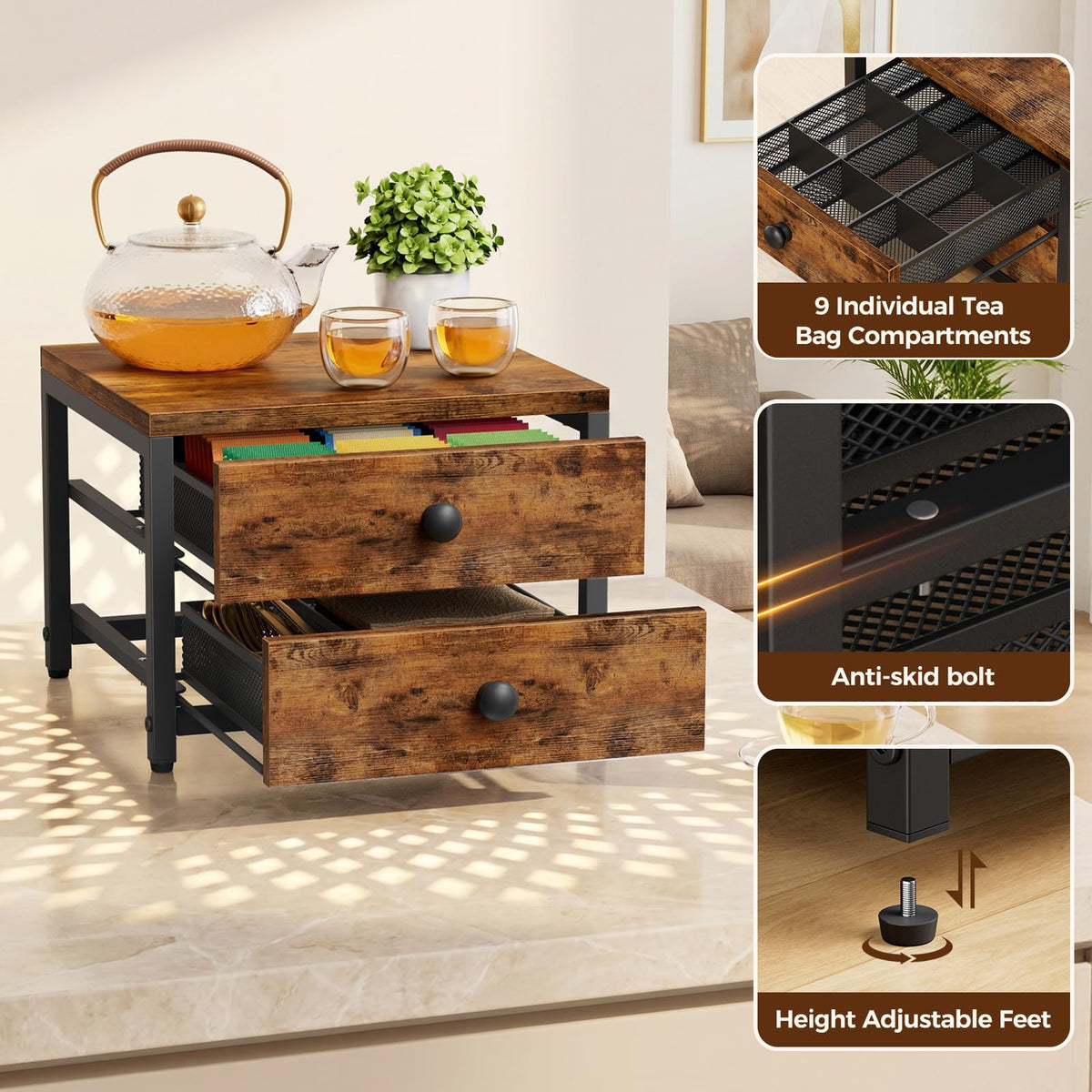 Tea Bag Organizer and Storage with 2 Drawers for Countertop