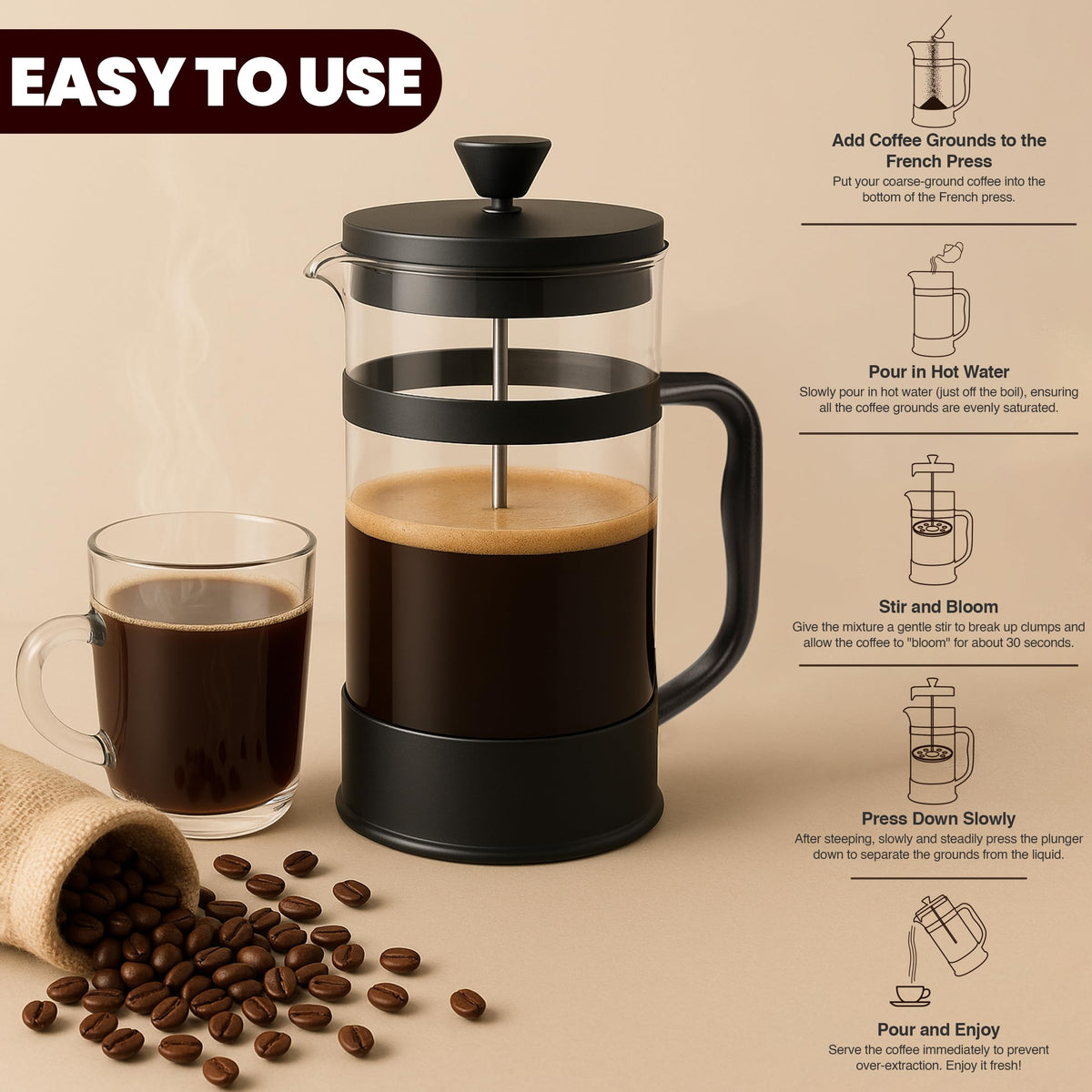 Borosilicate Glass French Press Coffee Maker 21 Oz