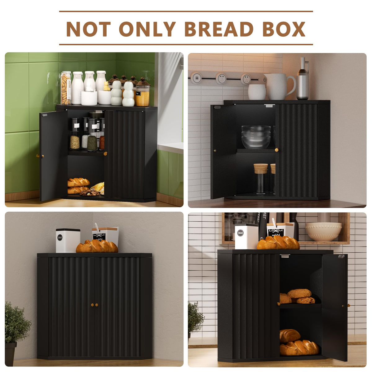 Black Corner bread box for kitchen countertop
