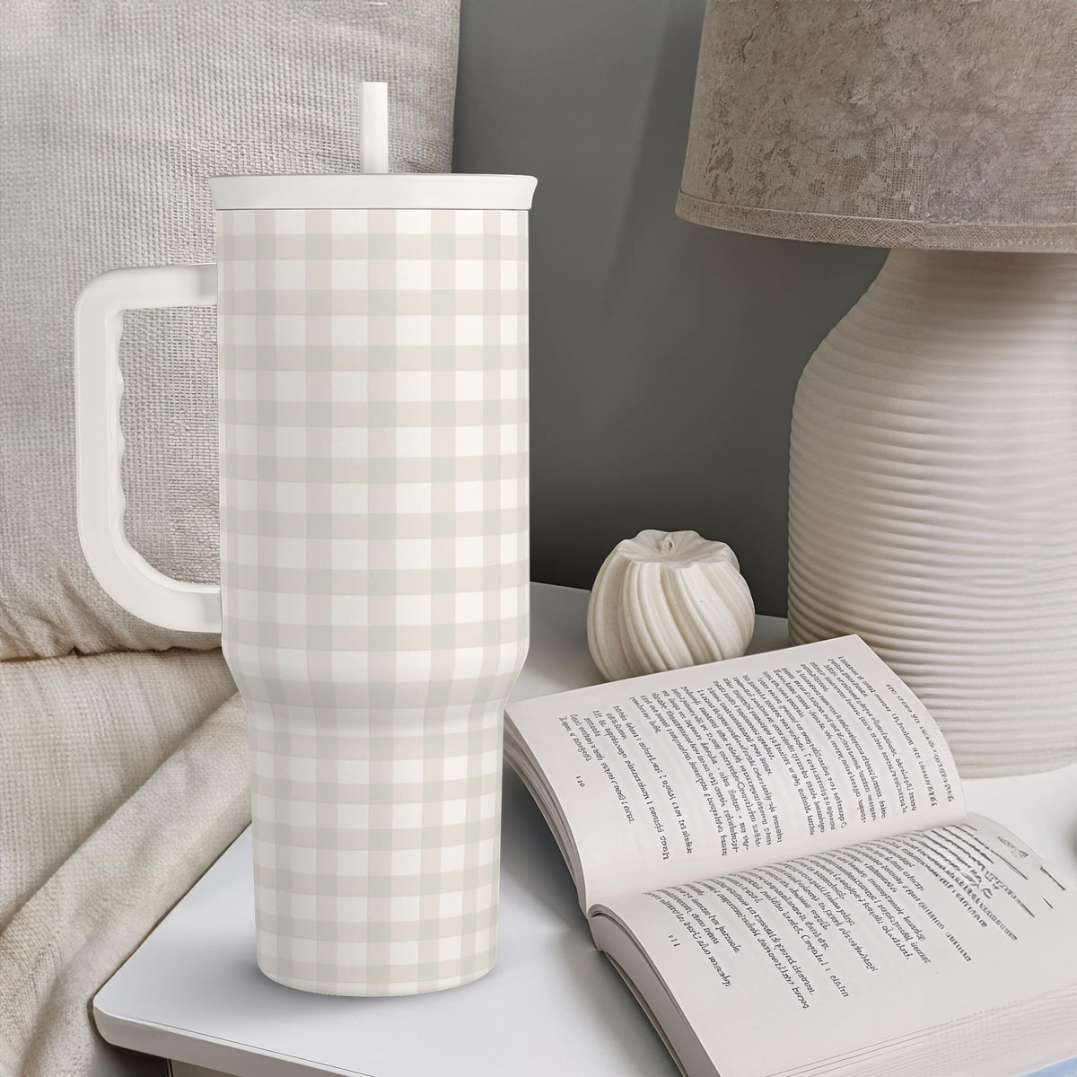 Grey Gingham 40oz Slider Tumbler with Handle and Straw