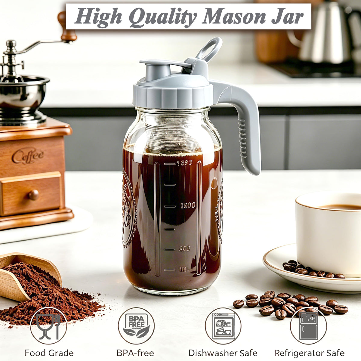 Cold Brew Coffee Maker 64oz Mason Jar Pitcher with Stainless Steel Filter