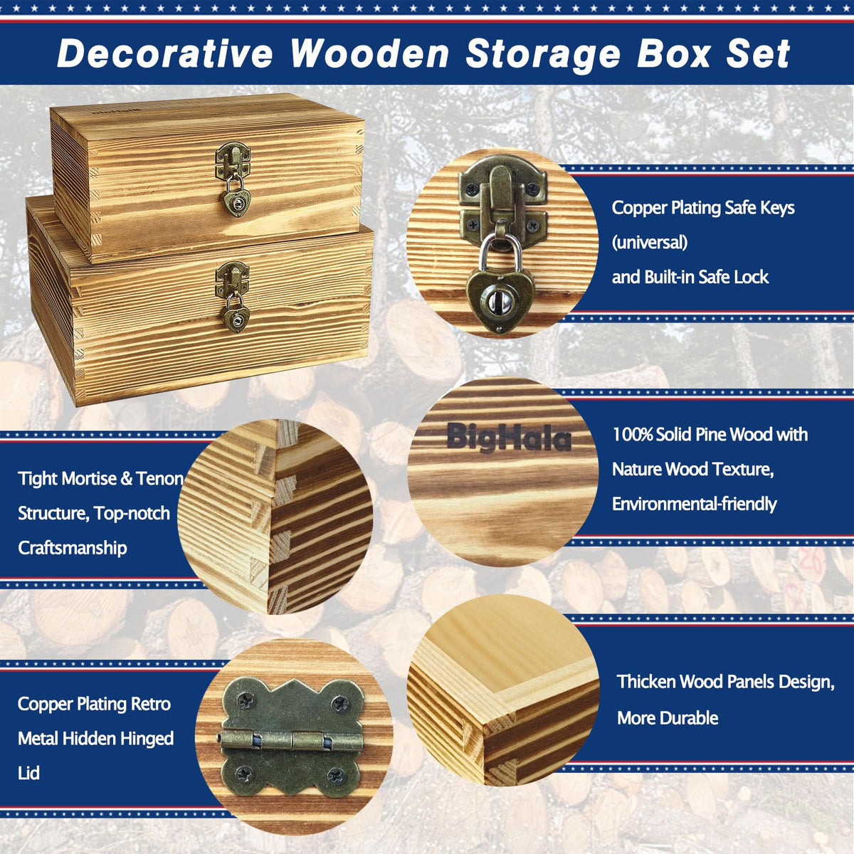 Wooden Box with Lock and Keys Hinged Lid Treasure Chest Memory Hobby Preservation Rustic Decorative Archival Organizer Jewelry Gadget Trinkets Keepsake Wood Storage Boxes 2 Pack Smokey Color