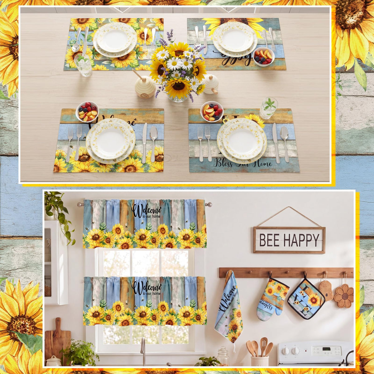 16 Pcs Sunflower Kitchen Decor Set Kitchen Towels Non Slip Rugs and Mats Oven Mitts Gloves Pot Holders Placemats Curtains for Decor Gift (16 Count)
