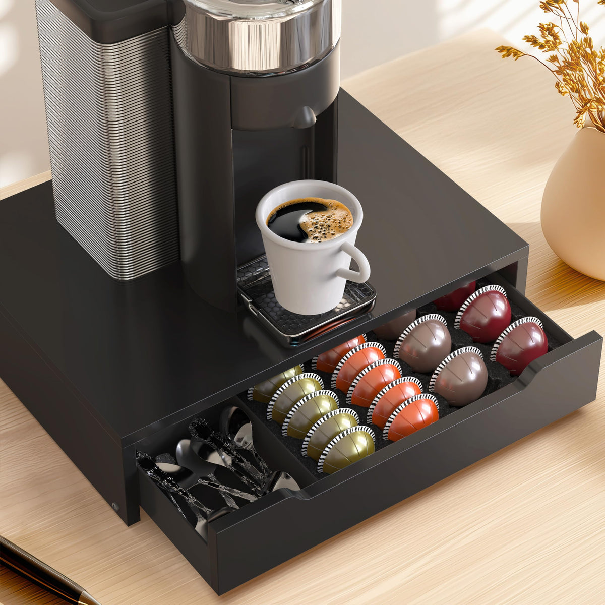 Wood Top Vertuo Pod Holder Drawer with Divider & Side Storage