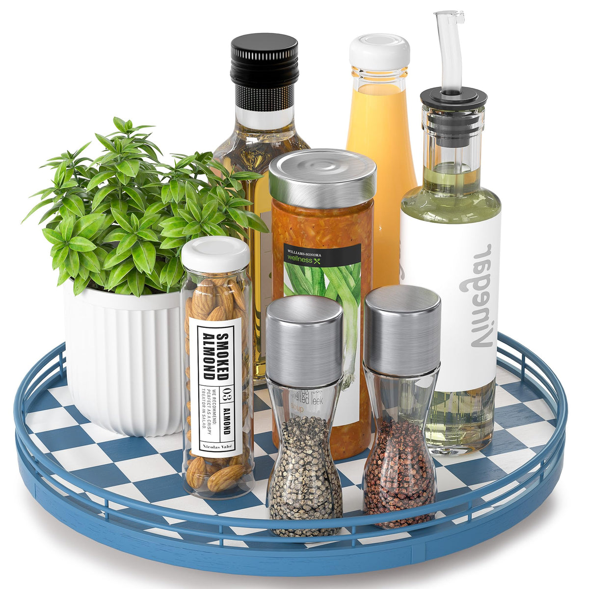 Blue and White Checkerboard Lazy Susan with Rubberwood Base and Metal Rail
