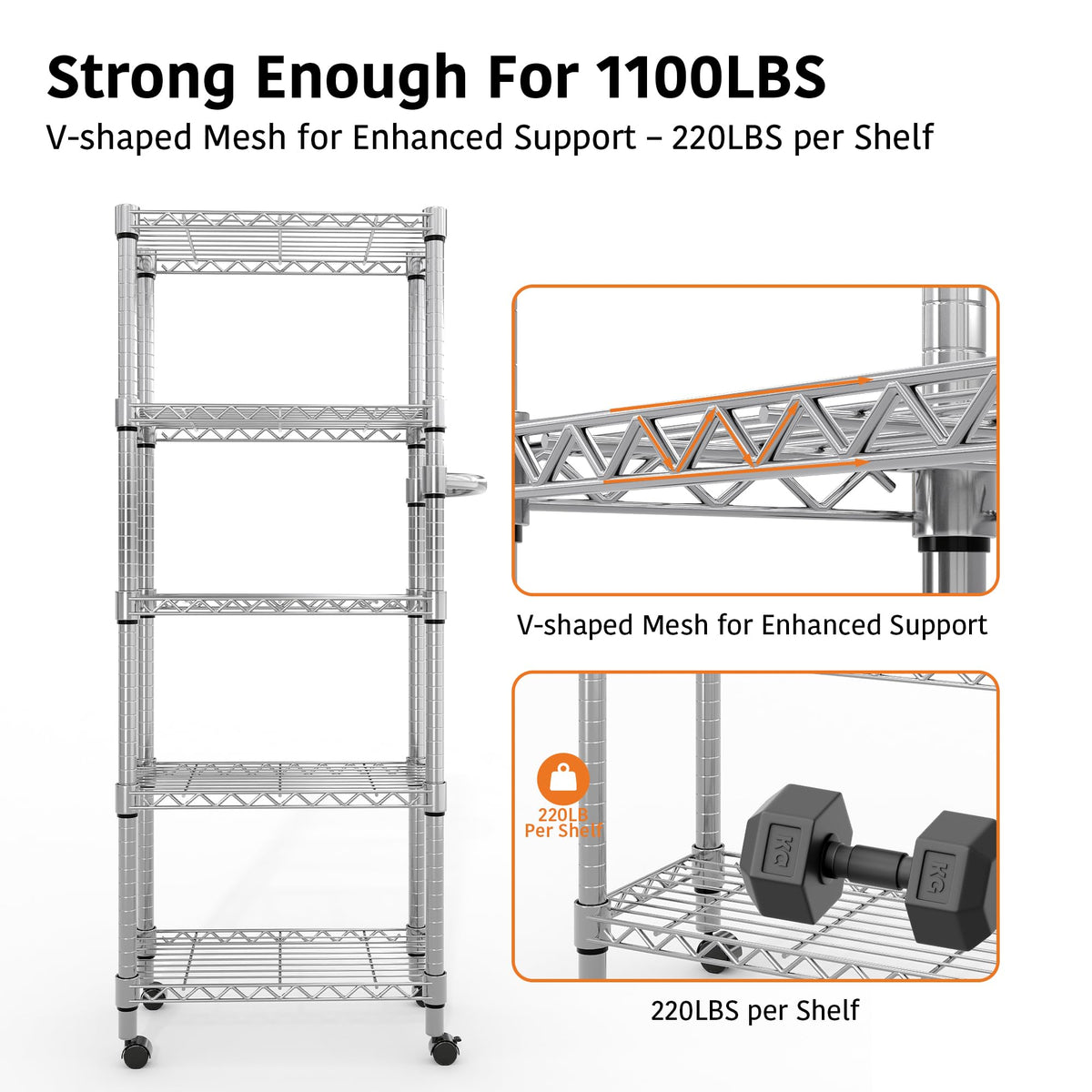 61" H Storage Shelves with Wheels 1100LBS Rolling Metal Wire Rack