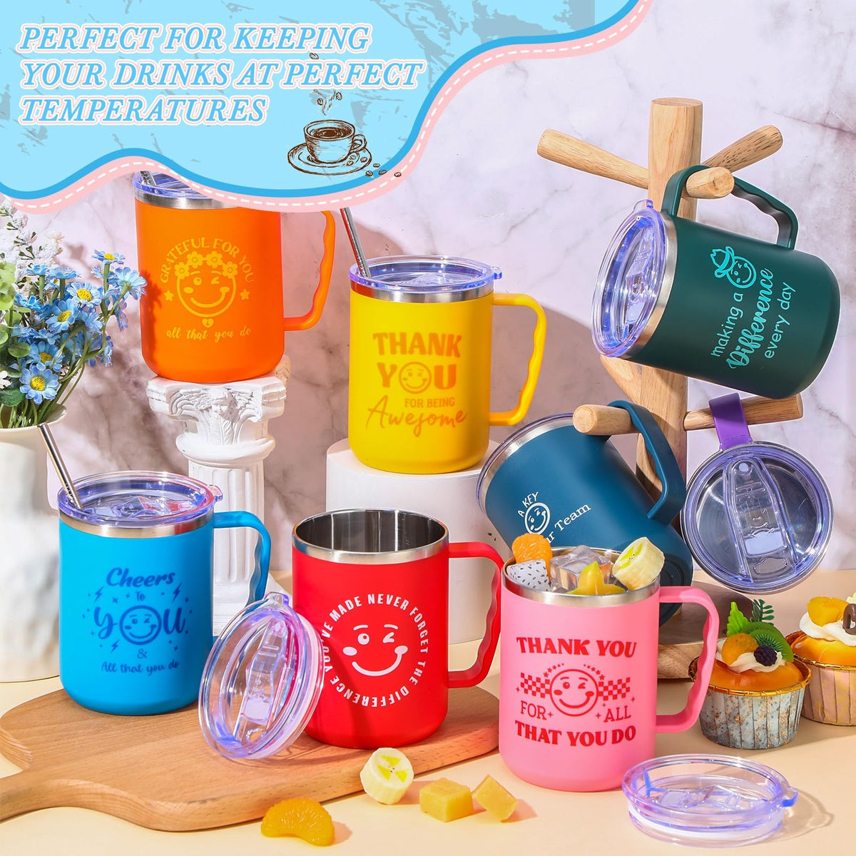 24 Pcs CNA Week Employee Appreciation Gift Smile Face Mug Coffee Thank You for Being Awesome 17oz Camping Mug with Handle Vacuum Stainless Steel Insulated Travel Tumbler for Hot Cold Drinks (24 Count)