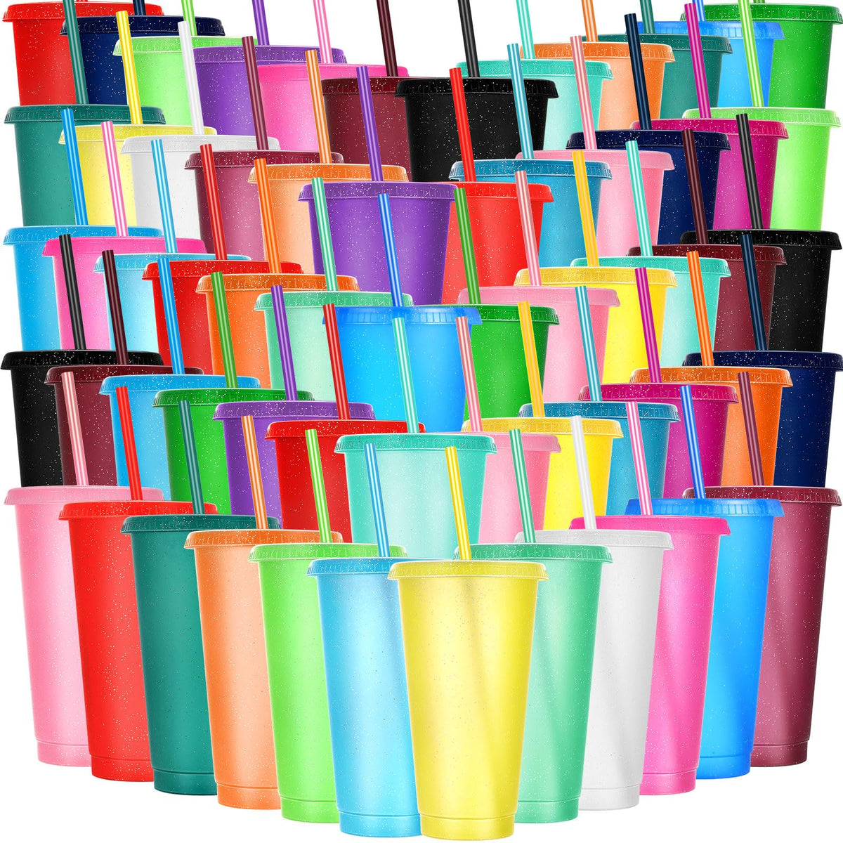 100 Pack Tumbler with Straw and Lid Bulk Glitter Plastic Cups Water Bottle Iced Coffee Travel Mug Reusable Party Favor Cups for Birthdays travel 24 (100 Count)