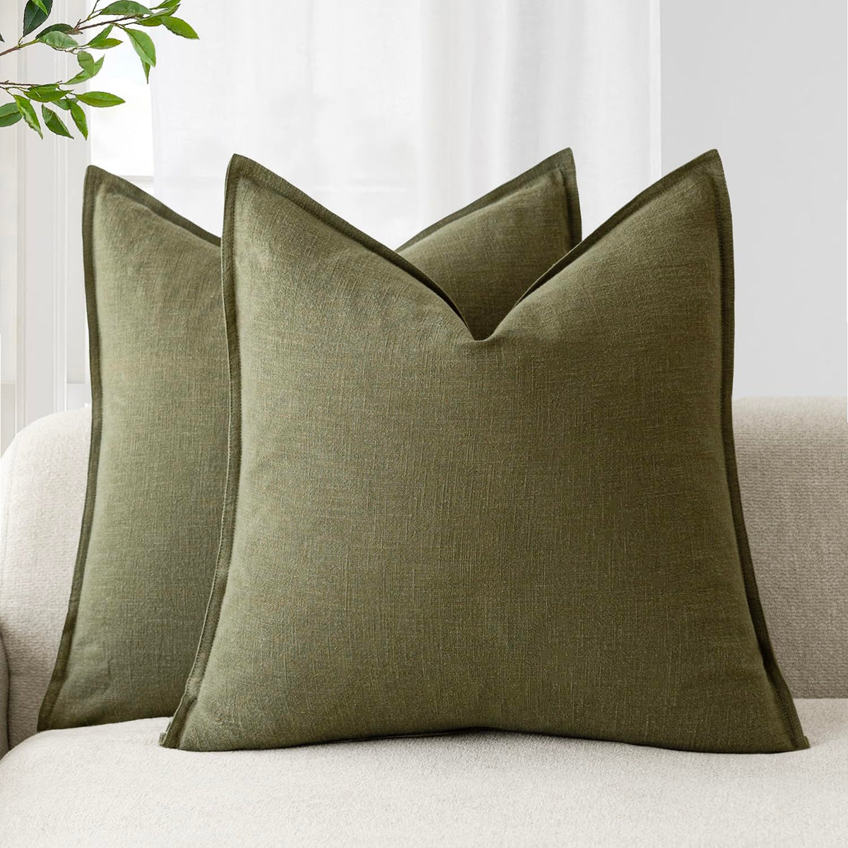 Pack of 2 Decorative Linen Solid Throw Pillow Covers Soft Accent Cushion Case Boho Farmhouse Pillowcase for Chair Couch Sofa Bedroom Living Room Home Decor 18 x 18 Inch Olive Green (2 Count)