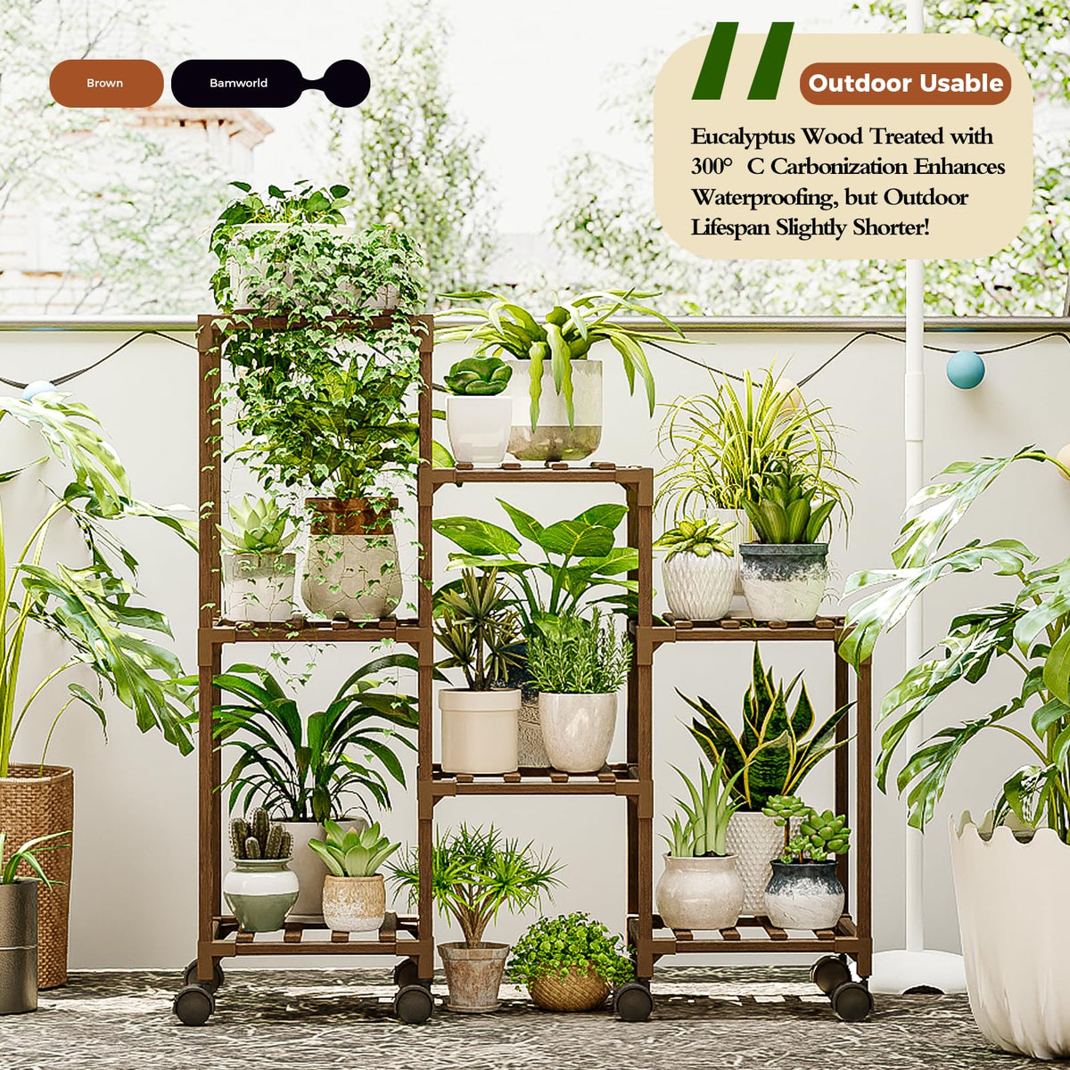 Plant Stand with Wheels for Indoor Plants Wood Outdoor Tiered Shelf 3 Tire 7 Potted Ladder Plant Holder Table Pot Stand for Window Garden Balcony Patio Living Room