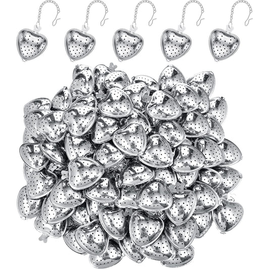 100 Pcs Tea Strainer Stainless Steel Tea Ball Infuser Loose Leaf Tea Steeper Tea Interval Diffuser Heart Shape Mesh Tea Filters with Extended Chain Hook for Seasonings Cup Bottle