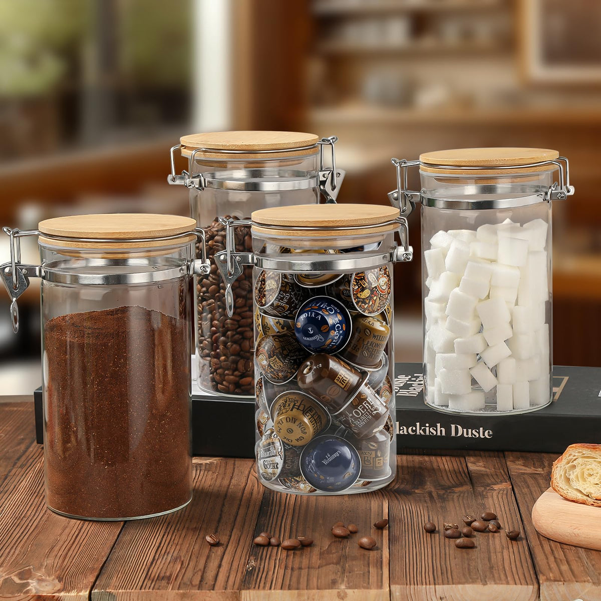 2 Pack 40.5oz Coffee Bean Storage Container with Airtight Bamboo Lids Glass Airtight Coffee Canister with Scoop Storage Container for Grounds Tea Cereal Sugar (2 Count)