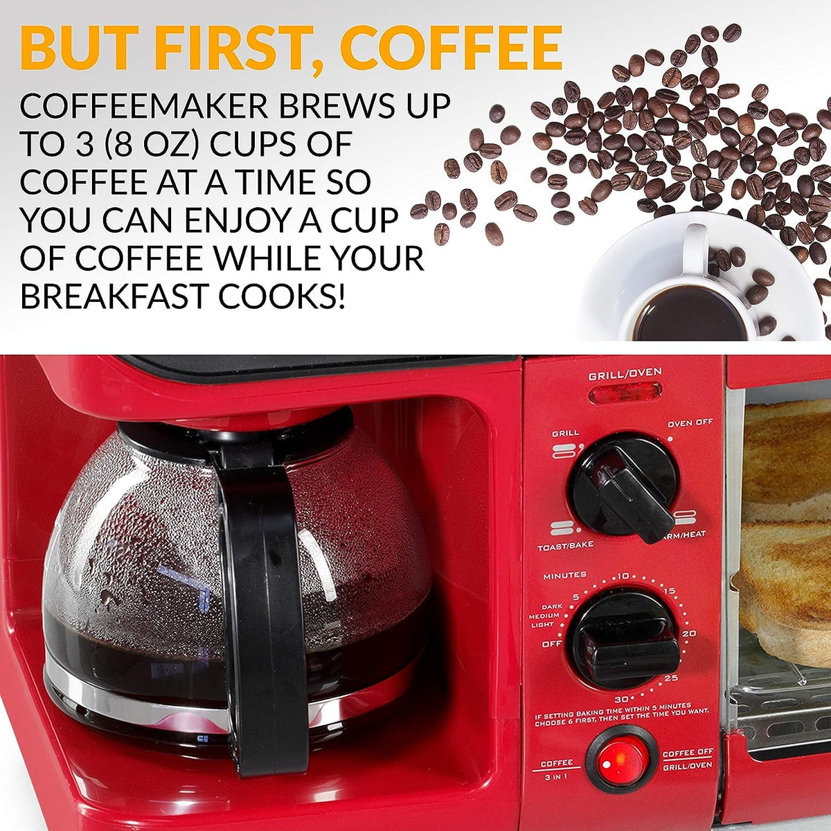3-in-1 Breakfast Station - Includes Coffee Maker, Non-Stick Griddle, and 4-Slice Toaster Oven - Versatile Breakfast Maker with Timer - Red