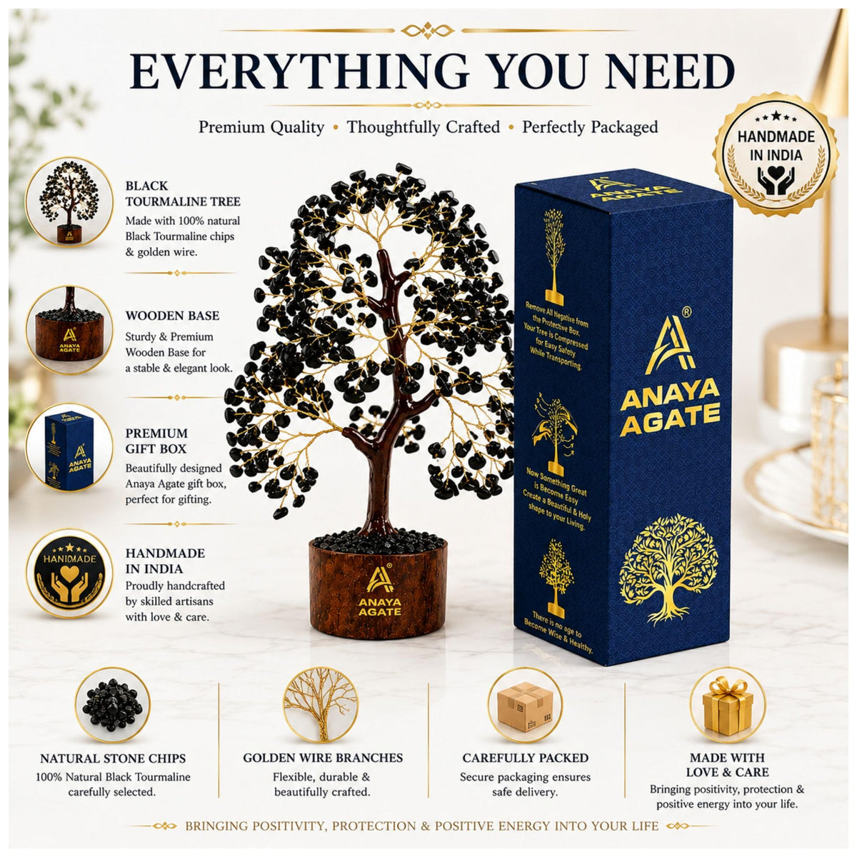 Black Tourmaline Crystal Tree of Life Handmade Gemstone Bonsai