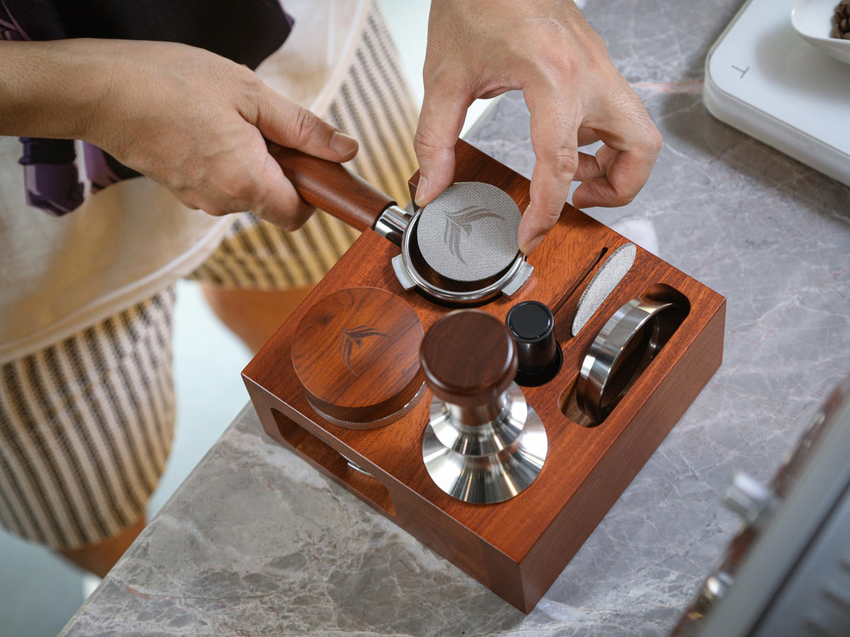 Espresso Accessories Organizer Box 58mm Tamping Station Rosewood Espresso Tools Stand for Tamper