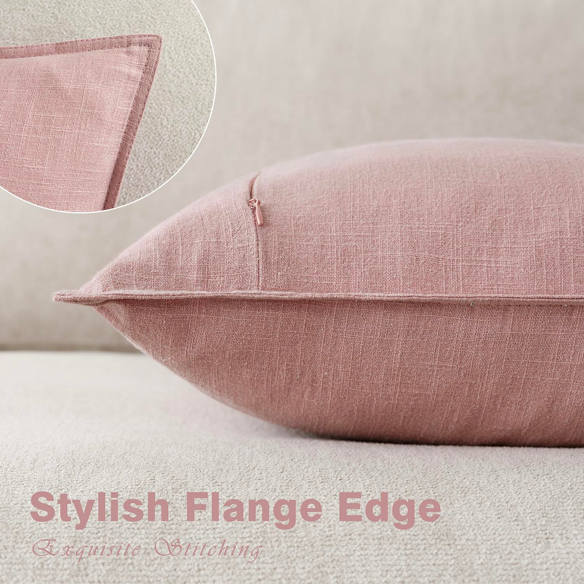 Pack of 2 Decorative Linen Solid Throw Pillow Covers Soft Accent Cushion Euro Case Boho Farmhouse Pillowcase for Chair Couch Sofa Bedroom Living Room Home Decor 24 x 24 Inch Rose Pink (2 Count)