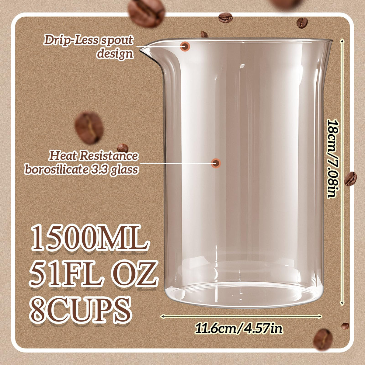 2 Pcs French Press Replacement Glass 51 oz Universal Replacement Beaker for French Press Tea and Coffee Makers Borosilicate 3.3 Glass Spare Carafe (2 Count)