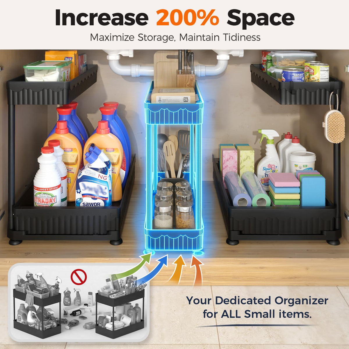 3-Pack 2-Tier L-Shaped Under Sink Organizers with Sliding Drawers (3 Count)