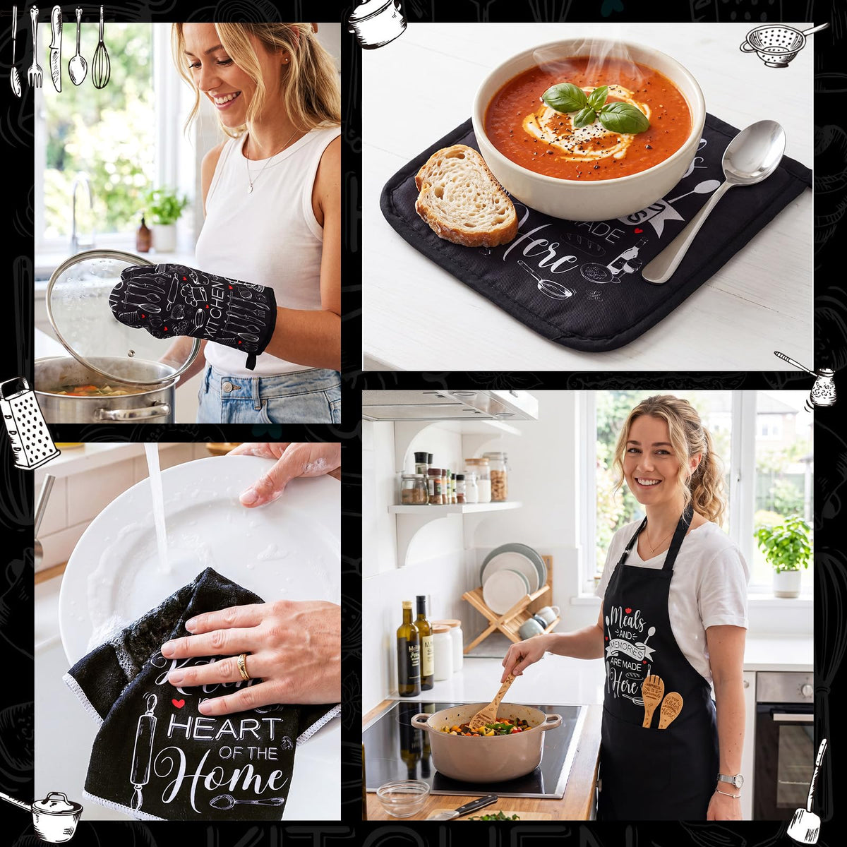 17 Pcs Black and White Kitchen Decor and Accessories Black and White Kitchen Rug and Mat Oven Mitts and Pot Holders Apron Dish Towels Cute Wooden Spoons for Home Decor Housewarming Gifts (17 Count)