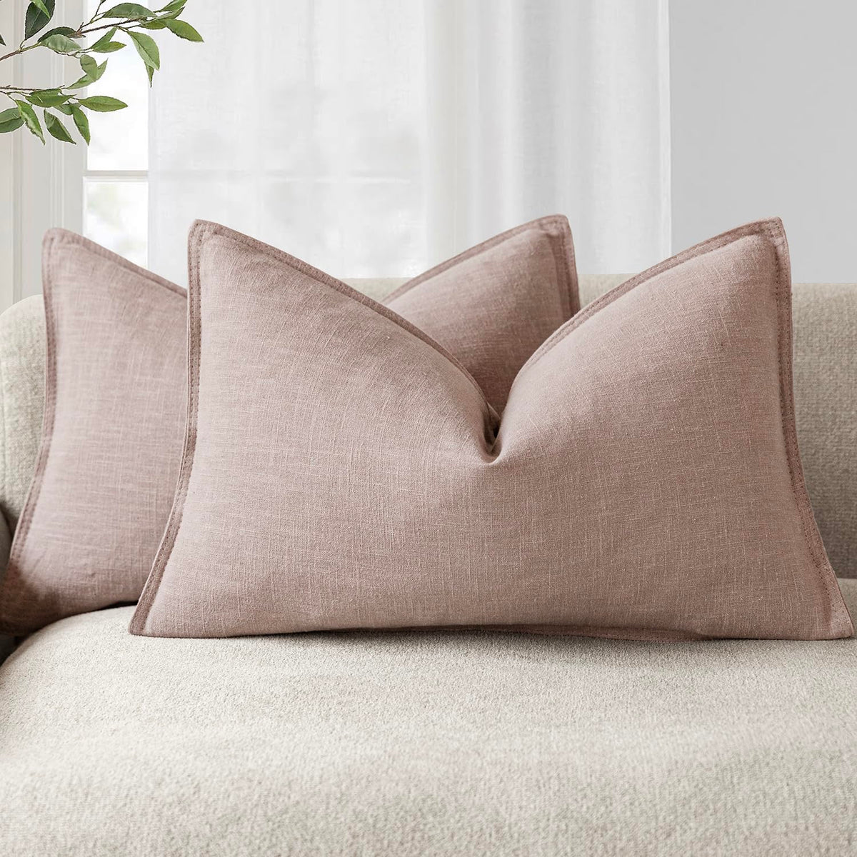 Pack of 2 Decorative Linen Solid Throw Pillow Covers Accent Lumbar Cushion Case Farmhouse Pillowcase for Chair Couch Sofa Bedroom Living Room Home Decor 12 x 20 Inch Dusty Pink