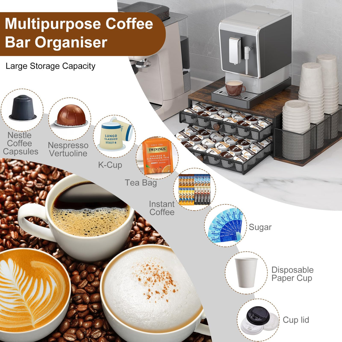 K Cup Holder 60 Capsule Capacity 2 Tier Sliding Pods Storage Drawer with Disposable Cups & Lids Holder