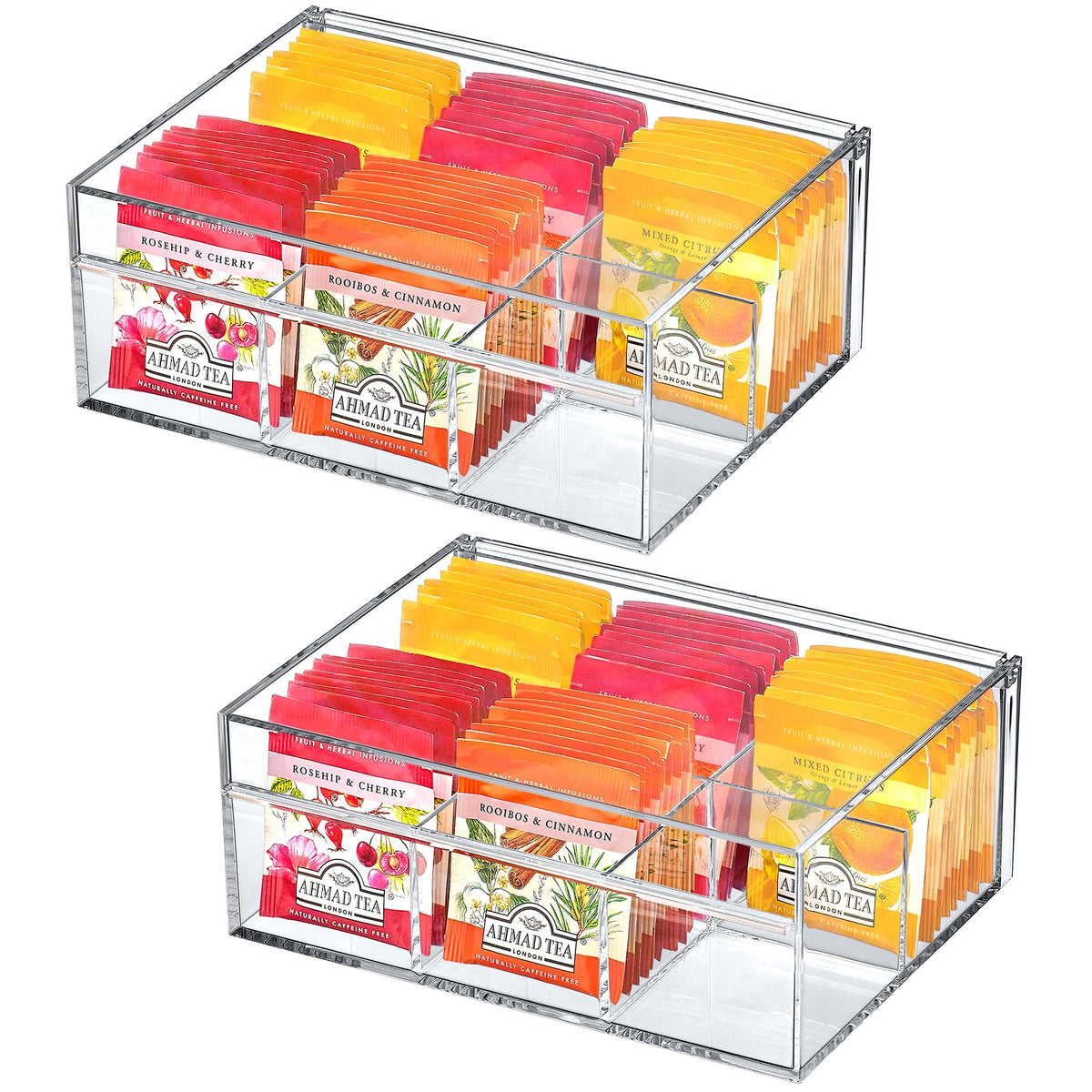 Tea-Rrific - 2-Pack Acrylic 6-Compartment Tea Bag Organizer, Clear Plastic Tea Box, 6-Slot Tea Chest, Perfect Tea Storage Solution for Kitchen Cabinet, Countertop, Pantry, and More (2 Count)