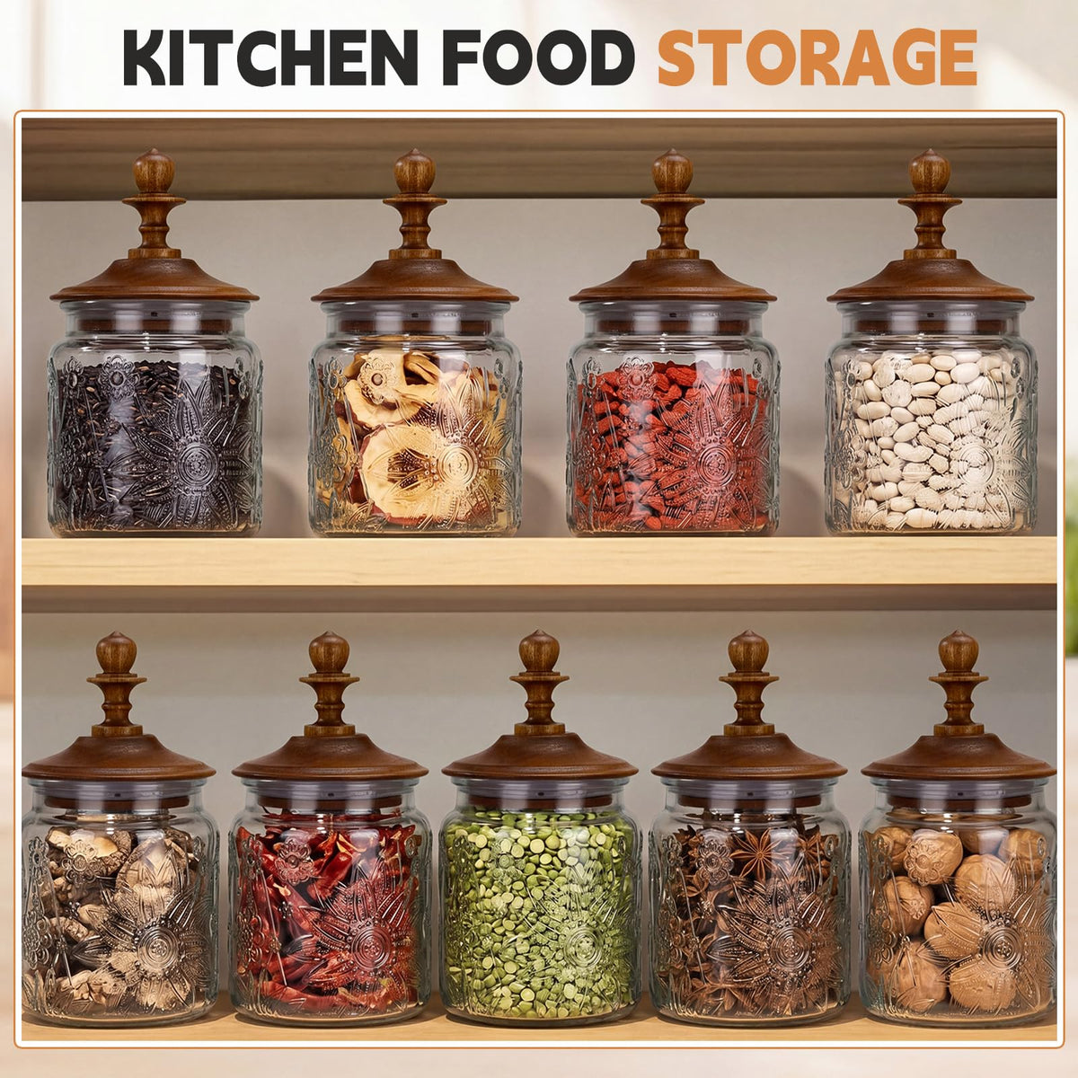 6 Pack 17 oz Glass Spice Jars with Dark Wood Lids Vintage Canisters with Garden Pattern Airtight Food Storage Container for Home Kitchen Tea Coffee Spice Pantry Organization Decorations (6 Count)