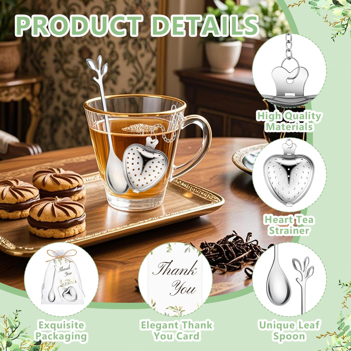 30 Sets Bridal Shower Tea Party Favor for Guests Leaf Tea Spoon Heart Tea Infuser for Loose Leaf Tea Steeper with Thank You Card Organza Bags for Wedding Gift Souvenirs Decoration