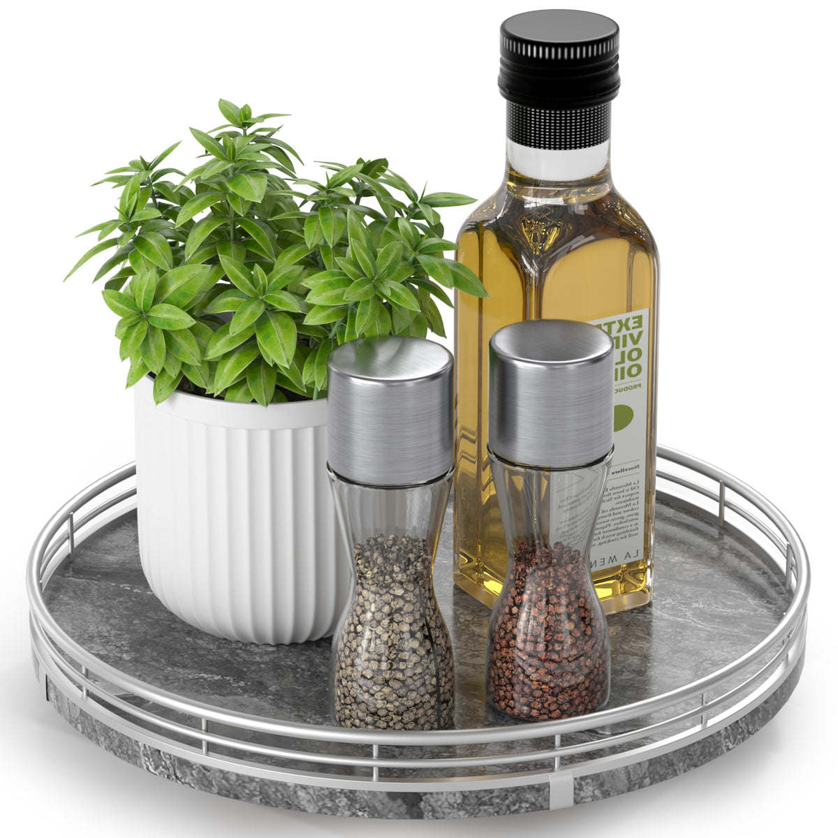 AHM10 Inch Gray Marble Lazy Susan with Silver Iron Frame