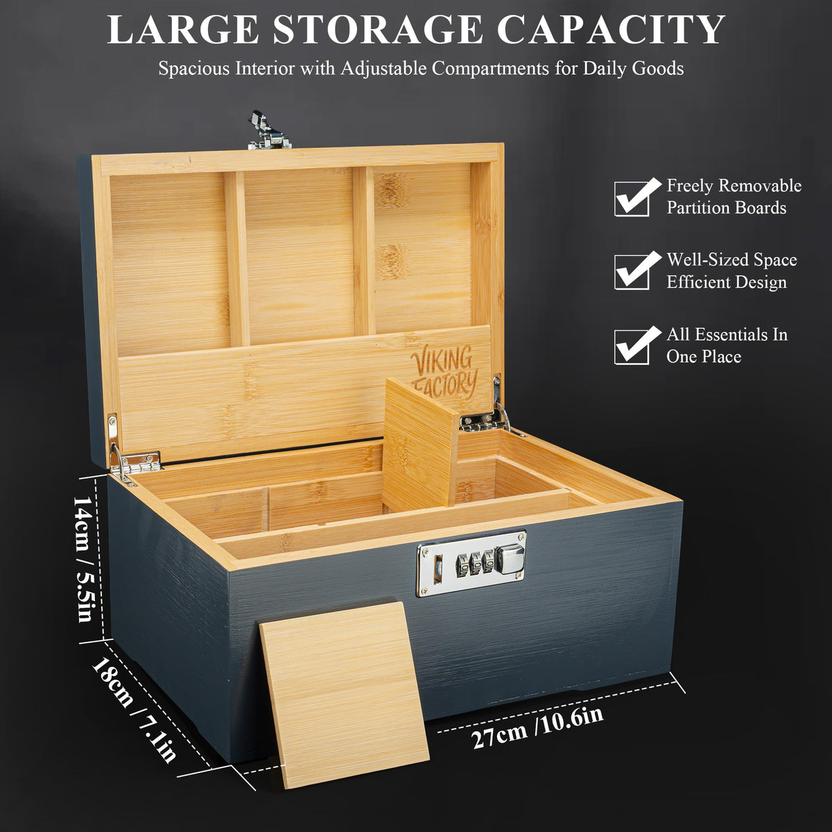 Large Lockable Bamboo Storage Box with Removable Tray and Combination Lock