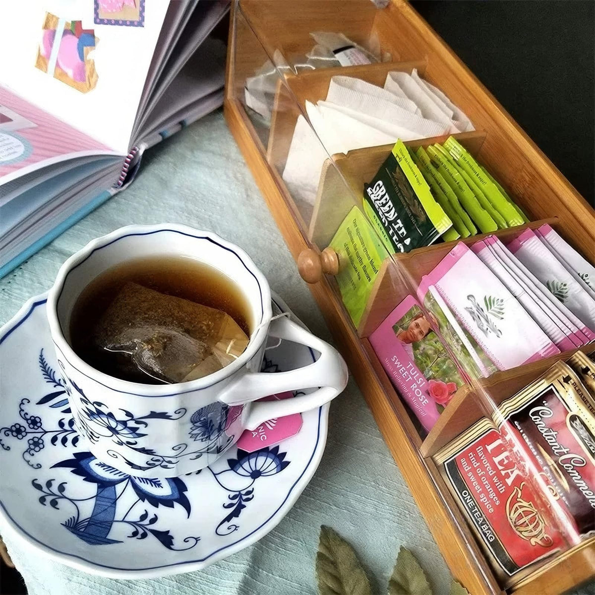 Bamboo Tea Bag Organizer Box with Clear Acrylic Lid