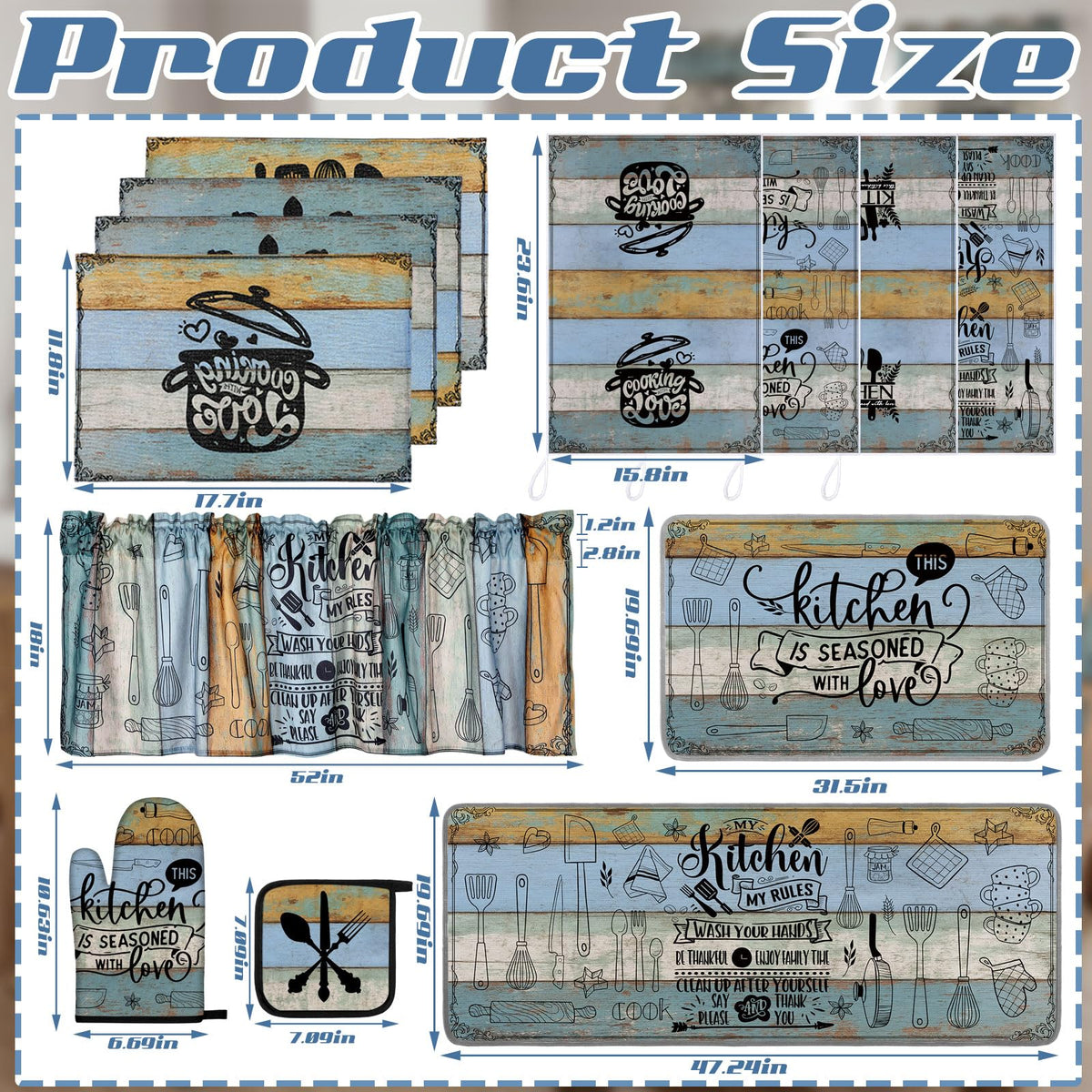 16 Pcs Farmhouse Kitchen Decor Set 4 Kitchen Towels 4 Placemats 2 Non Slip Rugs and Mats for Floor 2 Spring Oven Mitts Gloves 2 Pot Holders 2 Floral Curtains for Home Decoration Gift (16 Count)