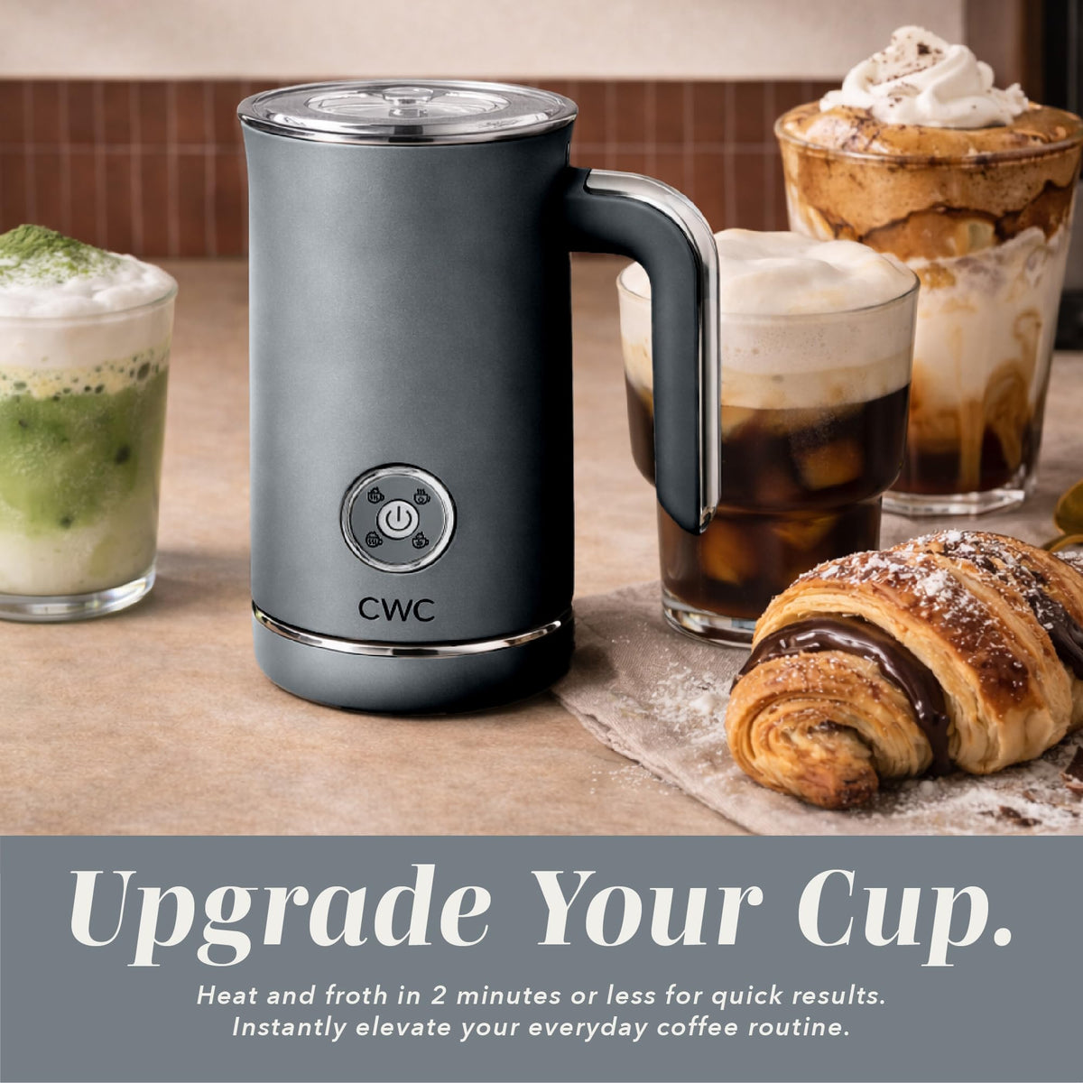 4-in-1 Electric Milk Steamer and Frother - 2-Minute Heating and Frothing, Hot and Cold Foam Maker for Coffee, Latte, Cappuccino, Macchiato, Milk Warmer, Auto Shut Off, Grey