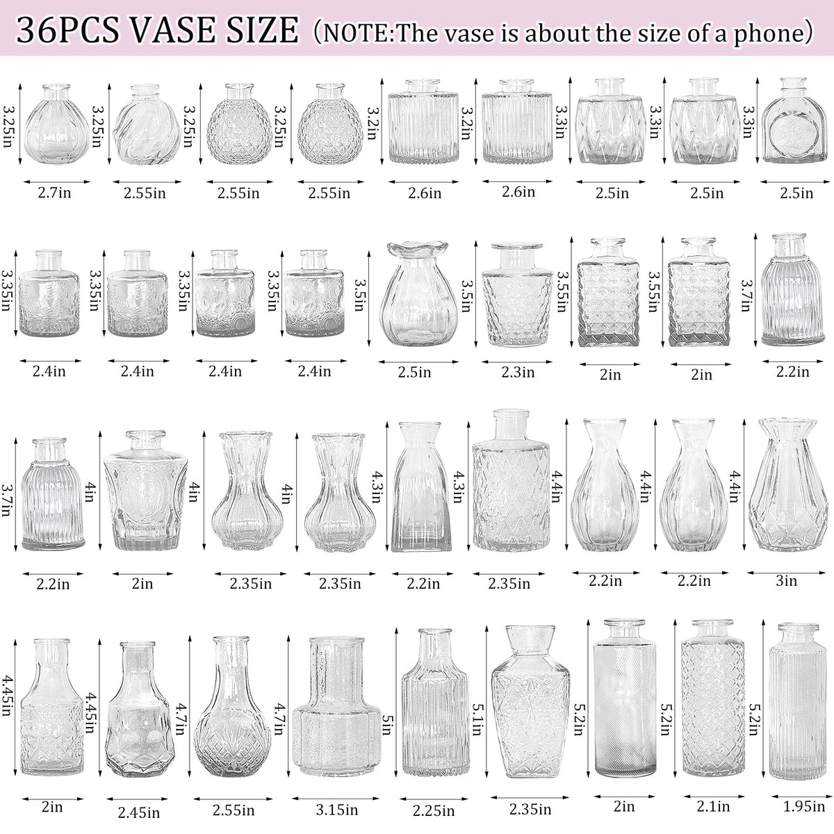 36Pcs Bud Vases Set Small Vintage Glass Bottles Clear Bud Vases in Bulk Multiple Shape Cute Glass Vases for Rustic Wedding Centerpieces Table Decorations and Home Decor (36 Count)