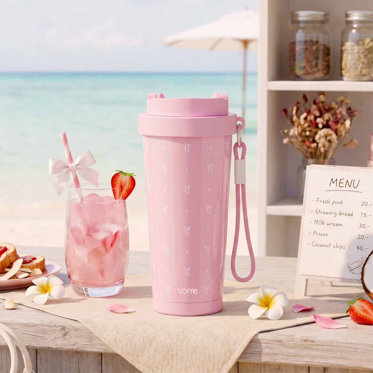 17oz Elegant Bow Pink Ceramic Lined Insulated Coffee Mug with Infuser for Women