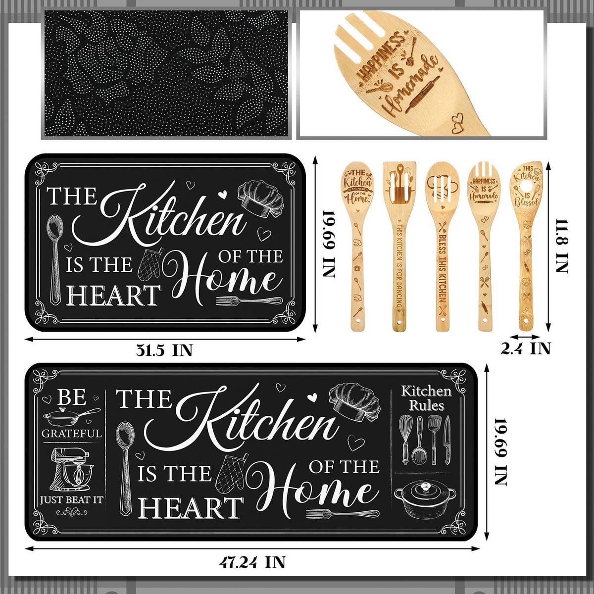 17 Pcs Black and White Kitchen Decor and Accessories Black and White Kitchen Rug and Mat Oven Mitts and Pot Holders Apron Dish Towels Cute Wooden Spoons for Home Decor Housewarming Gifts (17 Count)