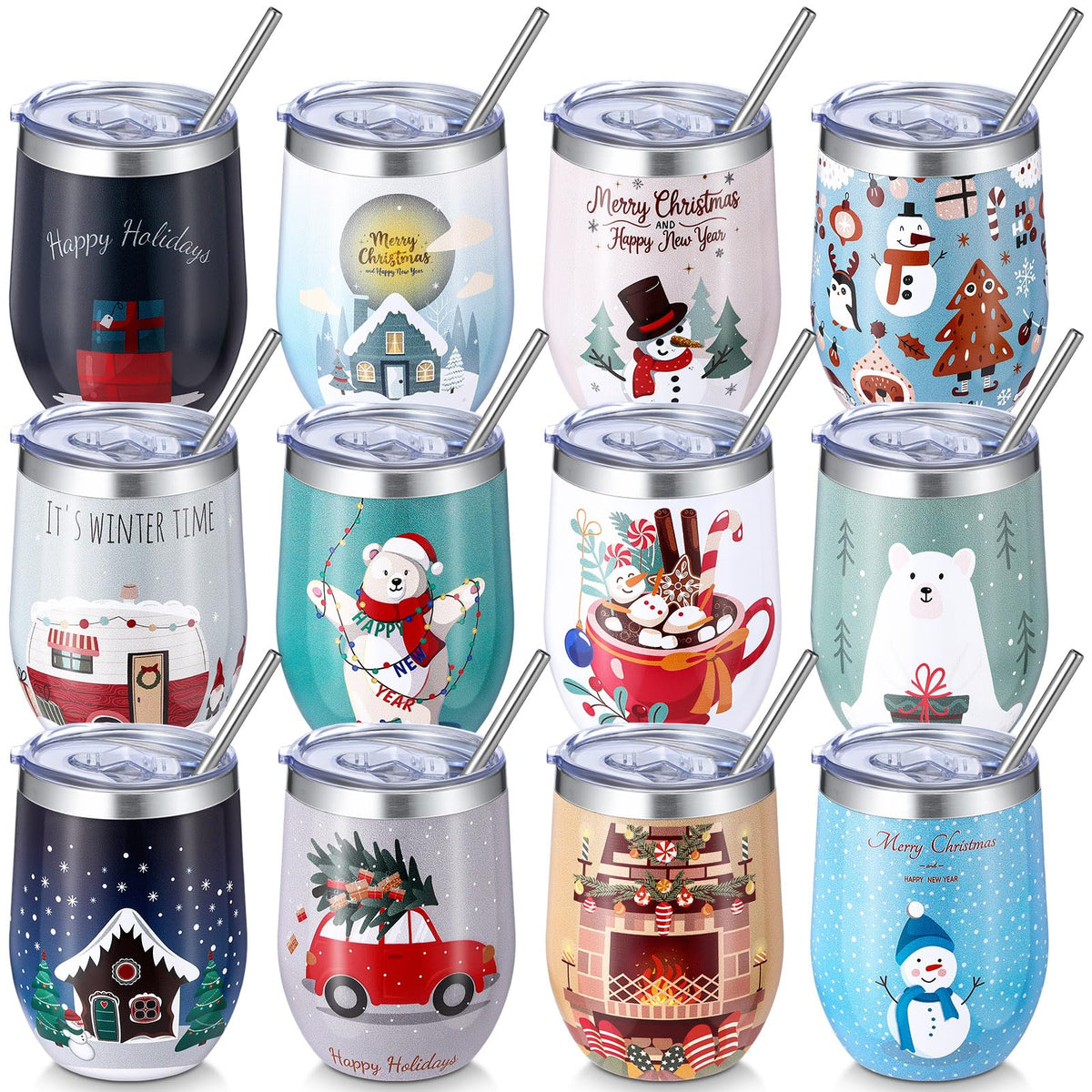 12 Pack Christmas Tumbler Bulk with Lid and Straw Brush (12 Count)