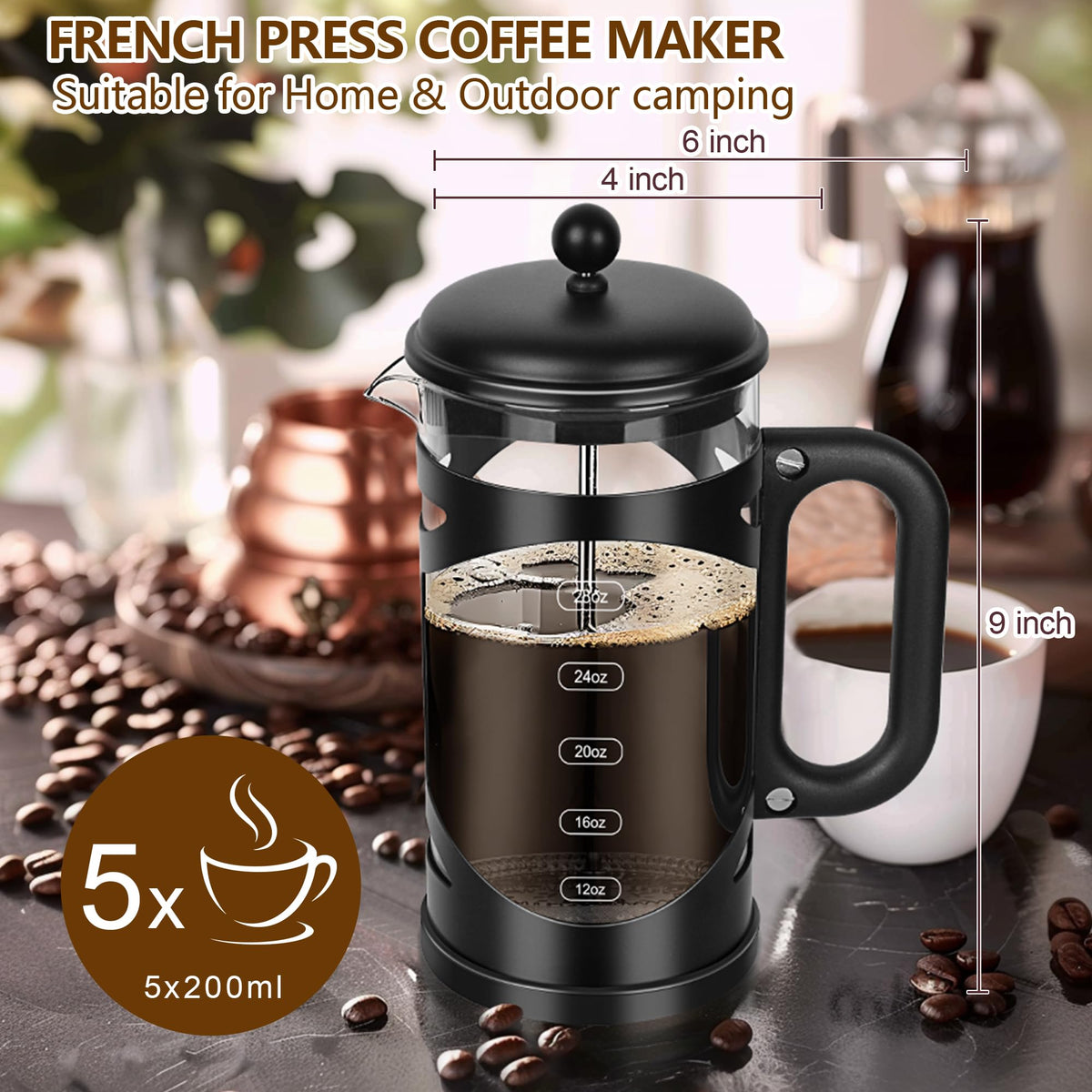 34 Ounce French Press Coffee Maker Black Stainless Steel Coffee Press